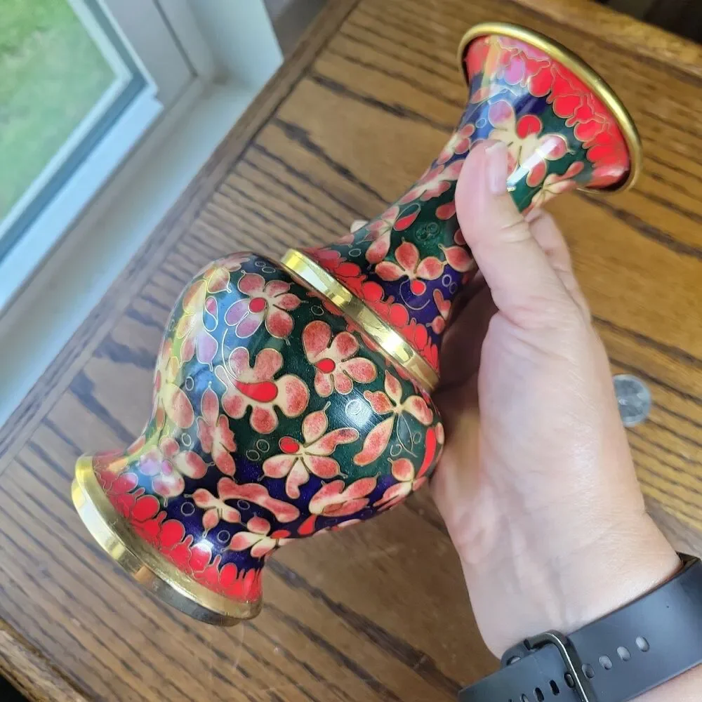 Vtg Chinese Cloisonne Enamel Vase Red Brass Floral Multicolor Flower Art 8
